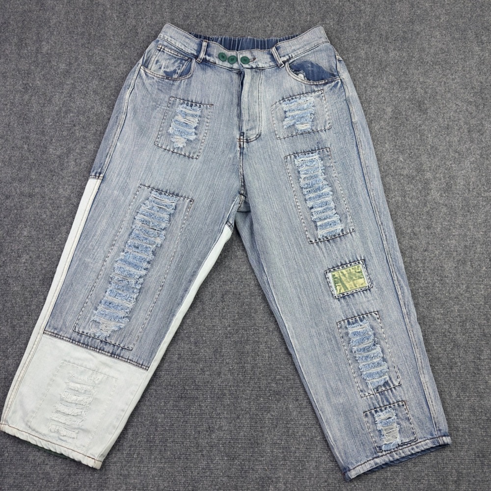 OH Jeans L Patchwork Distressed Barrel Leg Baggy Relaxed Artsy Boho‎ Hippie